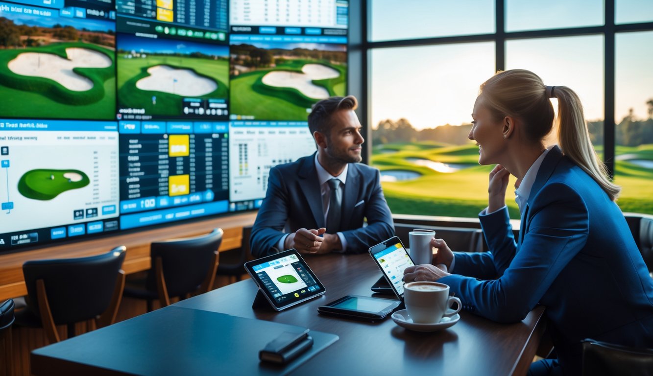 Seorang pria dan wanita di ruang santai menonton layar besar yang menampilkan pertandingan golf langsung dan data taruhan secara real-time.