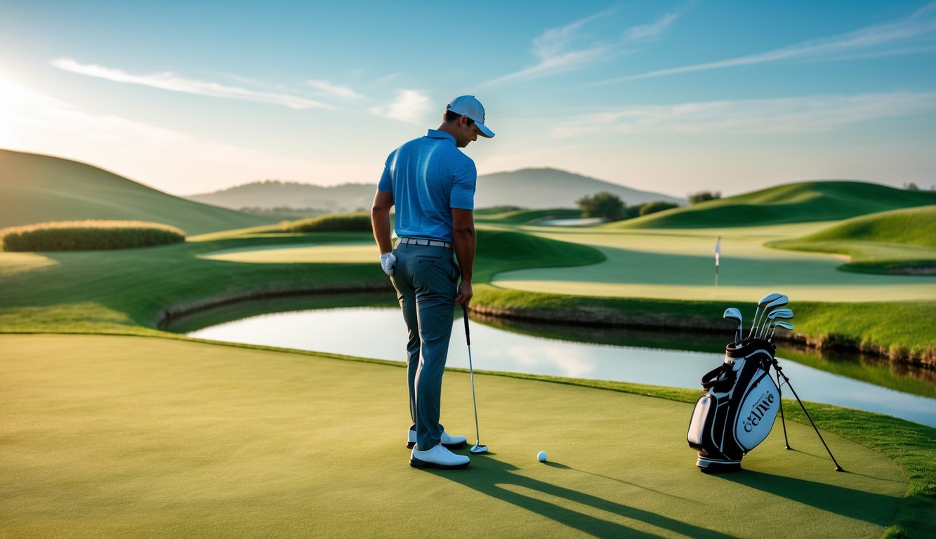 Seorang pegolf sedang bersiap melakukan pukulan di lapangan golf hijau yang luas dengan latar belakang bukit dan air yang tenang.