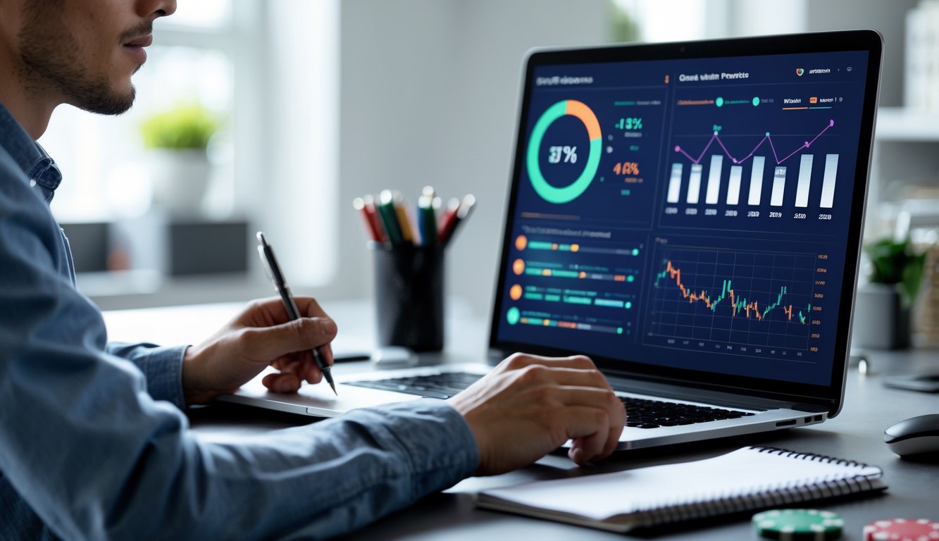 Seorang dewasa muda duduk di meja dengan laptop terbuka, menganalisis data permainan online dengan suasana kantor rumah yang rapi.