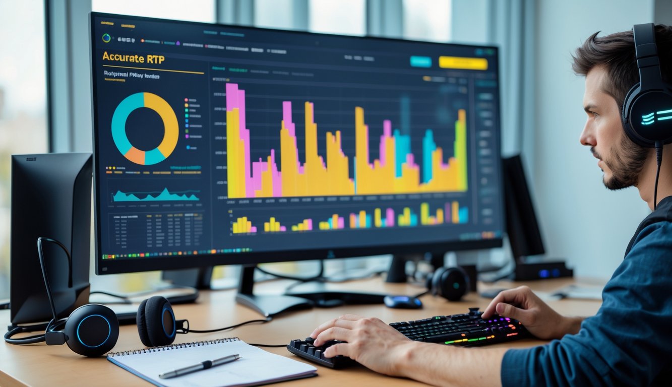 Seorang pria sedang menganalisis data grafik RTP game online di depan komputer di meja kerja yang rapi.