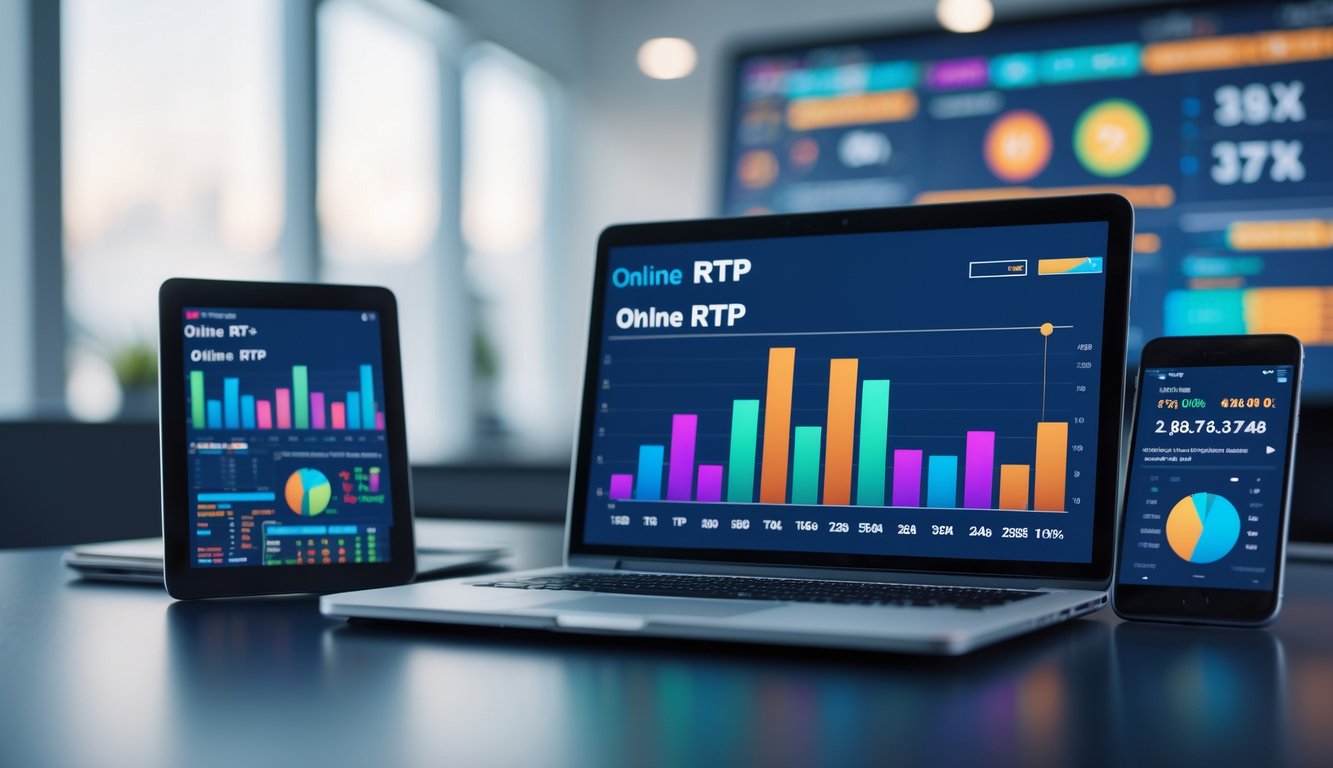 Seorang profesional sedang bekerja dengan laptop yang menampilkan grafik dan persentase kemenangan di lingkungan kantor modern.