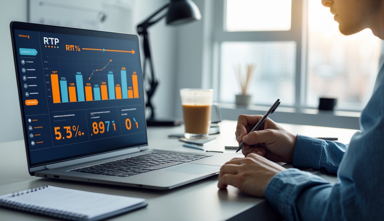 Seorang pria sedang menganalisis data di laptop di meja kerja dengan suasana yang rapi dan pencahayaan alami.