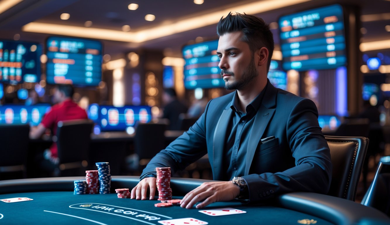 Seorang pemain poker profesional duduk di meja poker dengan layar digital menampilkan statistik permainan online di latar belakang kasino modern.