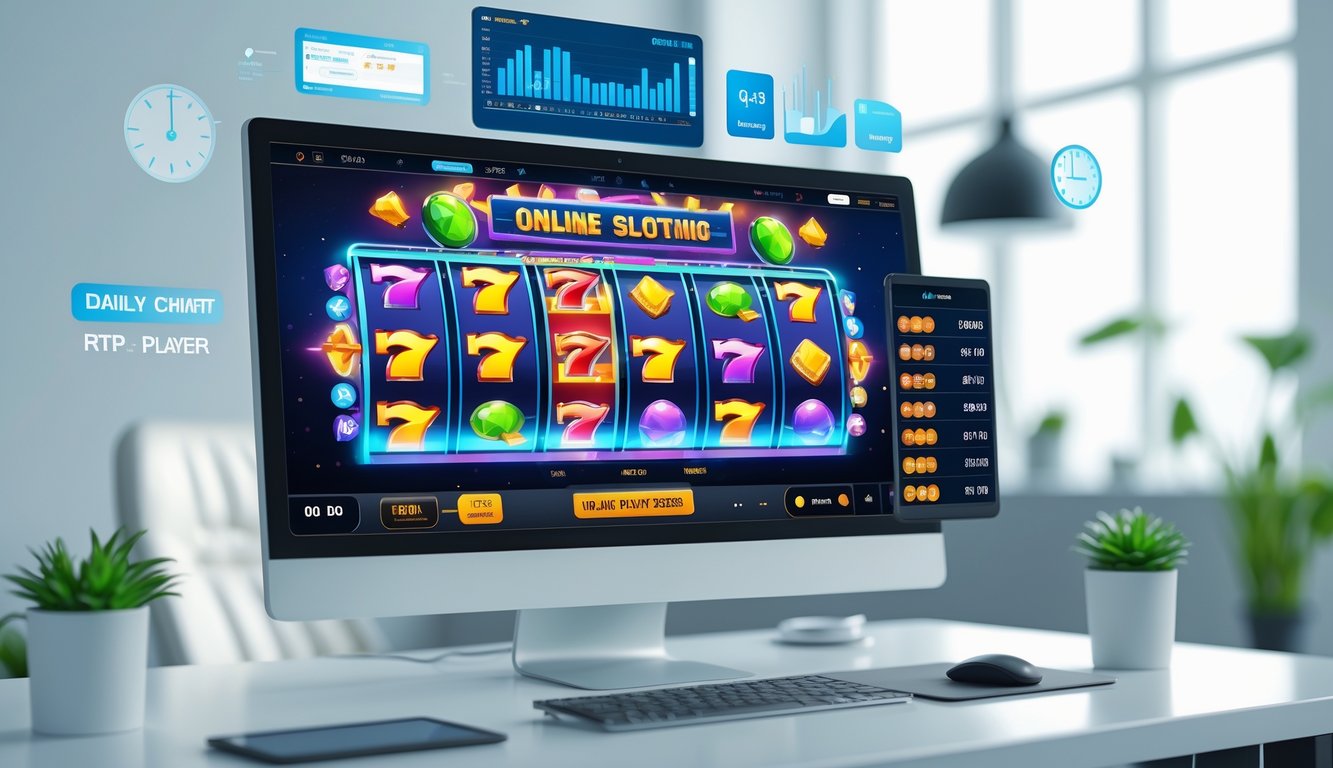 Sebuah meja kerja modern dengan komputer menampilkan permainan slot online berwarna-warni dan elemen digital yang menunjukkan pembaruan harian.