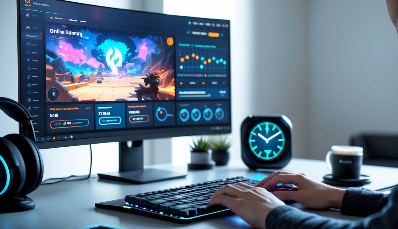 Seorang pemain menggunakan komputer di meja kerja modern dengan tampilan permainan online dan jam digital yang menunjukkan waktu.