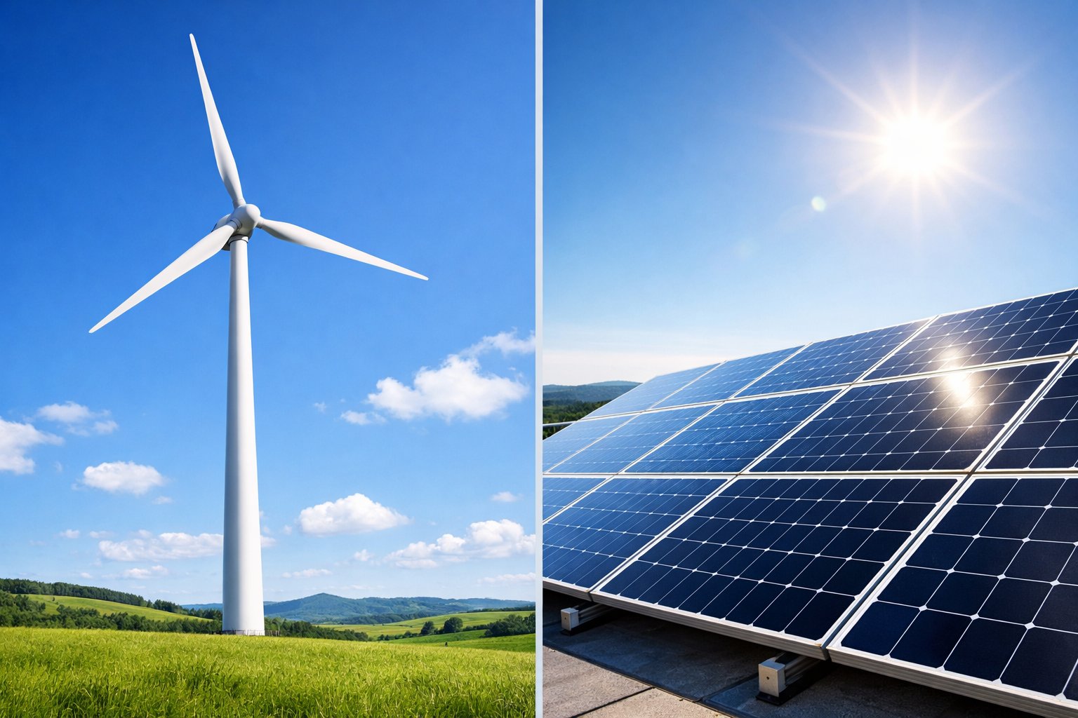 A wind turbine standing in a green field beside a large array of solar panels under a clear blue sky.