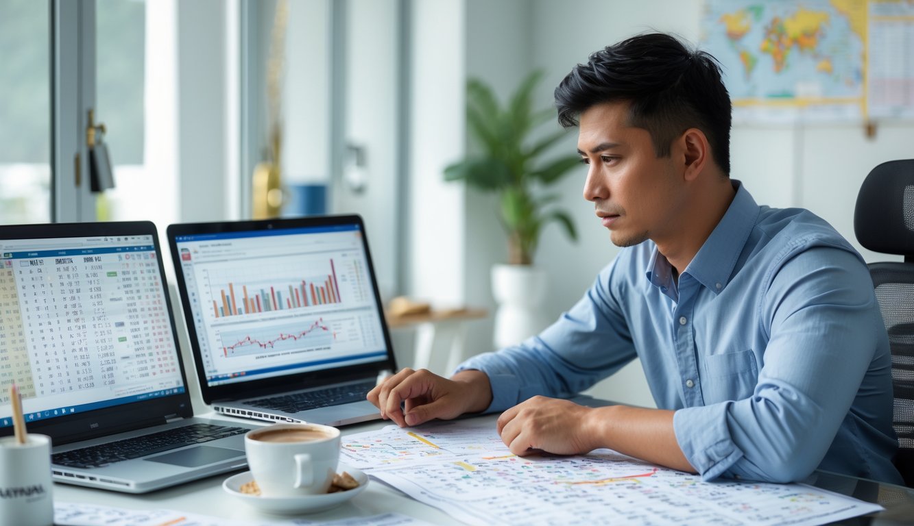 Seorang pria muda duduk di meja dengan laptop dan catatan, menganalisis data dan angka lotere di ruang kerja yang rapi.