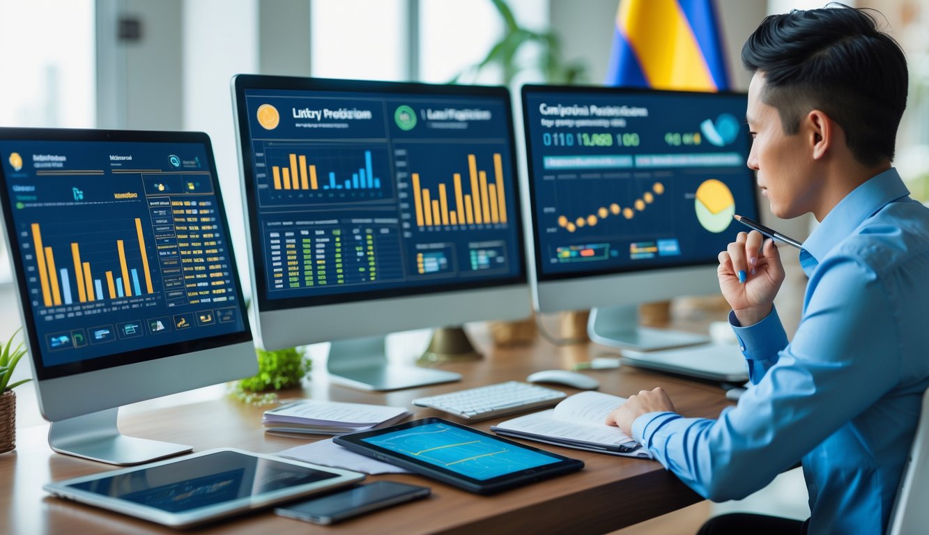 Seorang profesional sedang menganalisis data prediksi togel di meja kerja dengan layar komputer dan dokumen statistik.