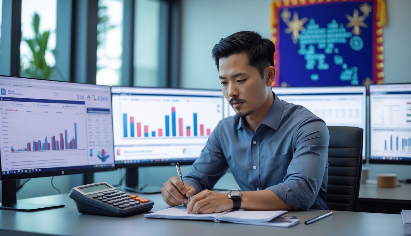 Seorang pria Asia Tenggara duduk di meja kerja dengan beberapa layar komputer yang menampilkan grafik statistik, menggunakan kalkulator dan mencatat di buku catatan di sebuah kantor yang rapi.
