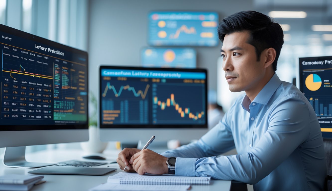 Seorang pria Asia Tenggara duduk di meja kantor modern sambil menganalisis data di beberapa layar komputer.