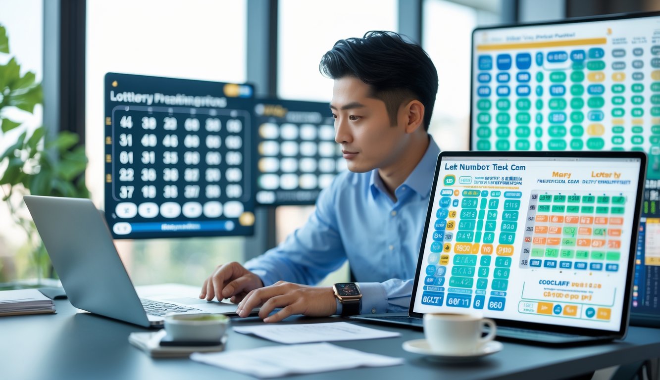 Seorang pria Asia Tenggara sedang menganalisis pola angka dan grafik prediksi togel di layar komputer di sebuah kantor modern.