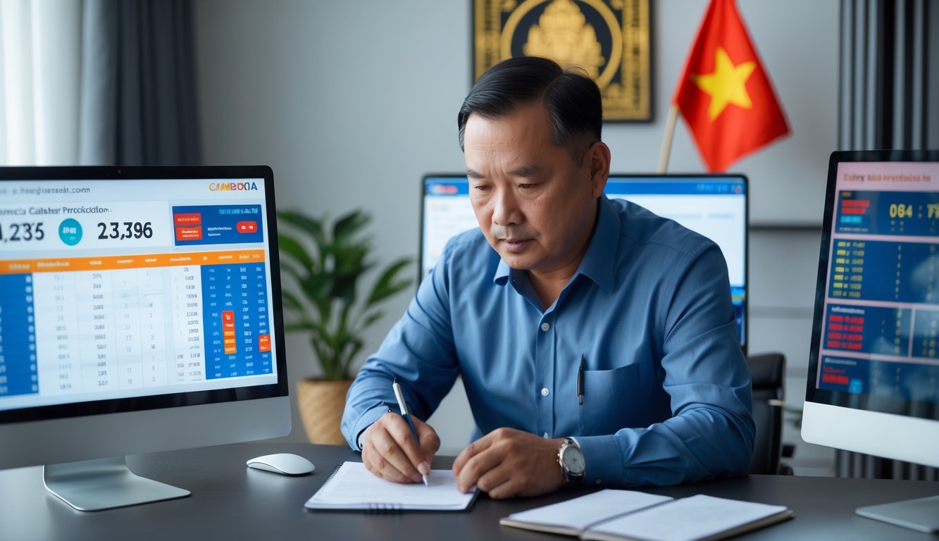 Seorang pria berpengalaman sedang menganalisis data prediksi togel Kamboja di meja kerja dengan perangkat digital dan catatan.