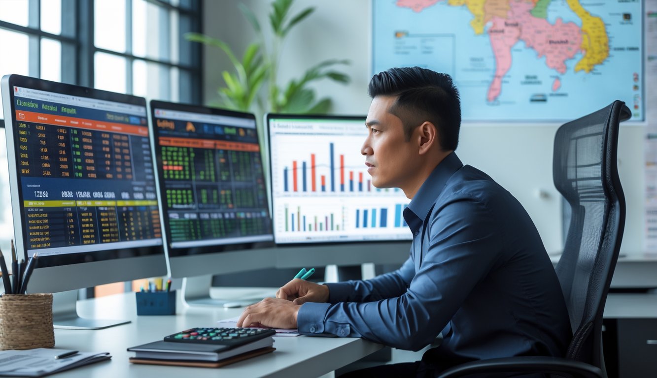 Seorang pria Asia Tenggara duduk di meja dengan beberapa layar komputer yang menampilkan grafik dan data, sedang menganalisis strategi prediksi togel Kamboja dengan fokus.