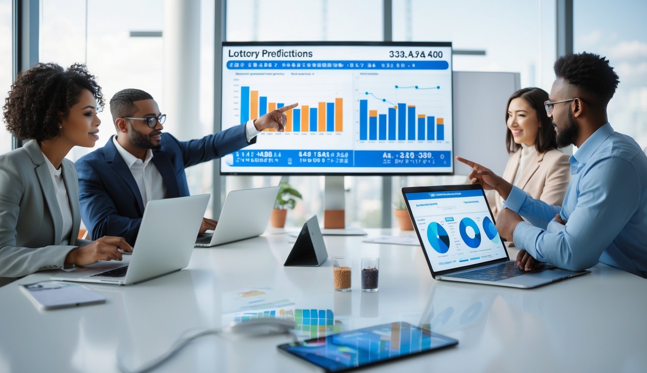 Sekelompok profesional sedang bekerja bersama di kantor modern dengan layar menampilkan grafik dan data angka untuk analisis prediksi togel.