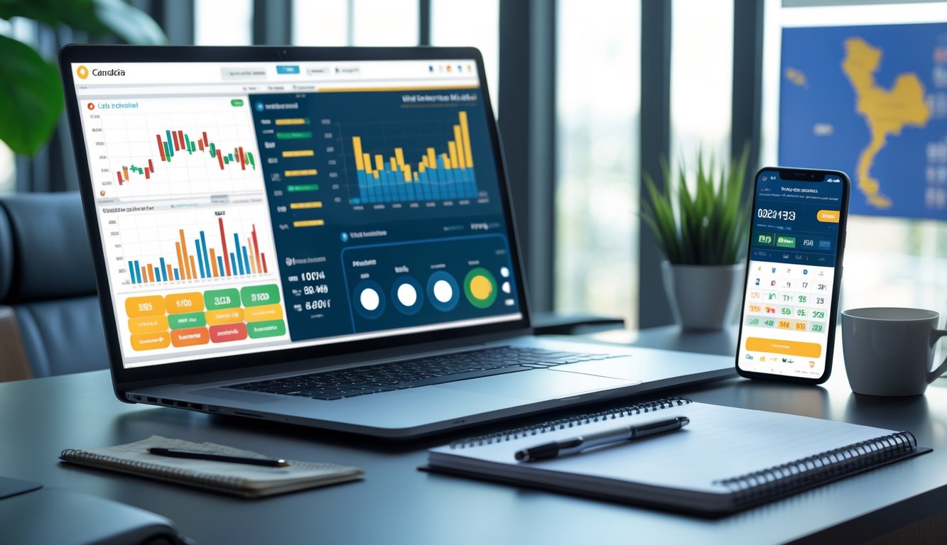 Meja kerja modern dengan laptop, ponsel, dan alat tulis yang menunjukkan aktivitas prediksi togel Kamboja.