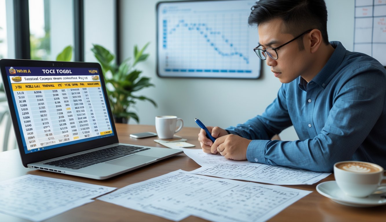 Seseorang sedang menganalisis data prediksi togel Kamboja di ruang kerja dengan laptop, kertas catatan, dan alat tulis.