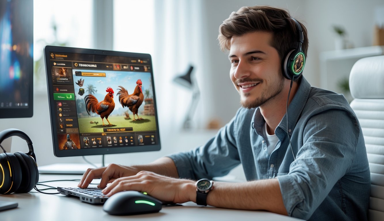 Seorang pria muda duduk di depan laptop di ruang kerja rumah, fokus bermain permainan sabung ayam online.