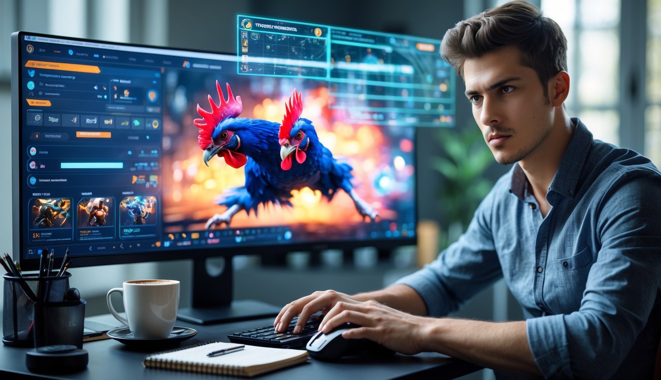 Seorang pria muda fokus menggunakan komputer untuk bermain sabung ayam online dengan layar menampilkan permainan dan catatan strategi di meja.