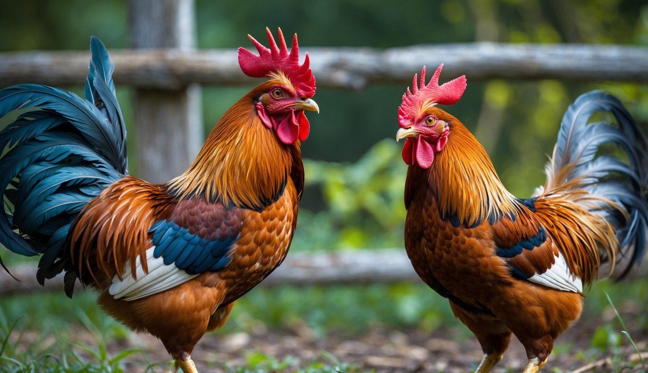 Dua ayam petarung dengan bulu berwarna cerah sedang berdiri di luar ruangan dengan latar belakang tanaman hijau dan pagar kayu.