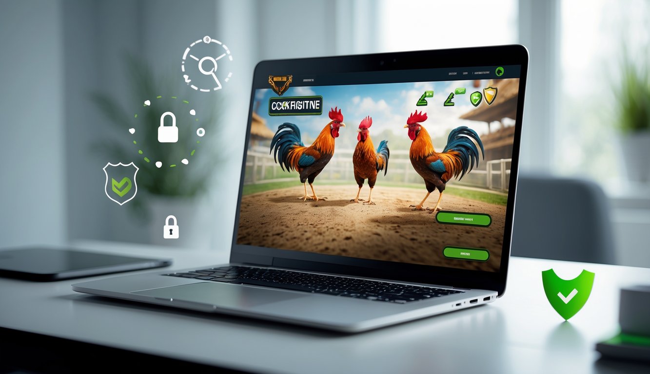Seorang laptop di atas meja dengan tampilan situs web pertarungan ayam online yang aman dan terpercaya, dilengkapi ikon keamanan di sekitarnya.
