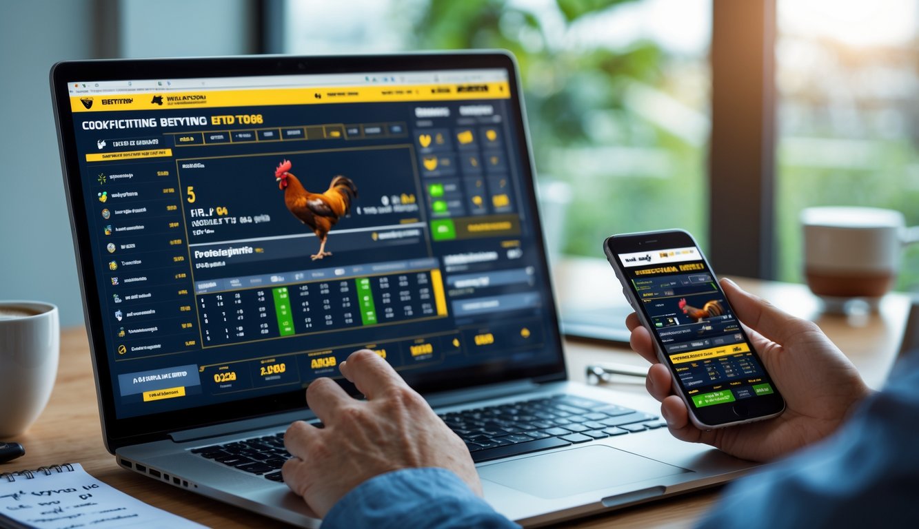 Seorang pengguna sedang menggunakan laptop dan ponsel untuk memasang taruhan sabung ayam secara online di meja kerja dengan cahaya alami.