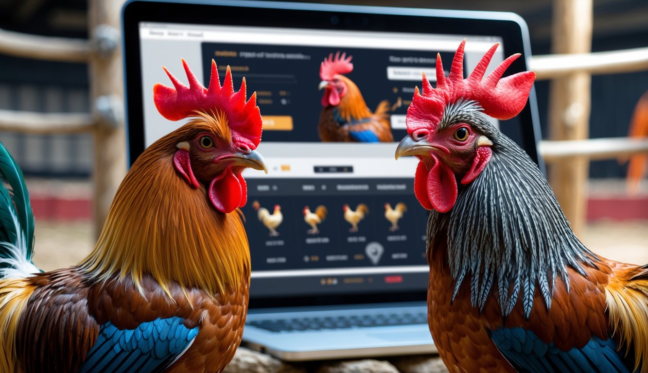 Dua ayam aduan yang sehat berdiri dengan latar belakang layar komputer yang menampilkan platform sabung ayam online.