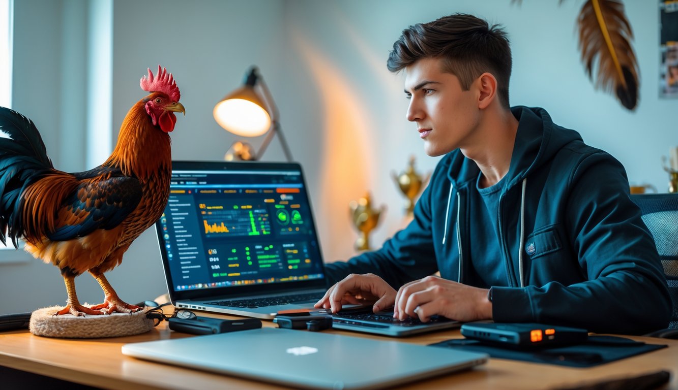 Seorang pria muda fokus di depan laptop dengan ayam sabung yang terawat di dekatnya, menunjukkan persiapan dan kemenangan dalam sabung ayam online.