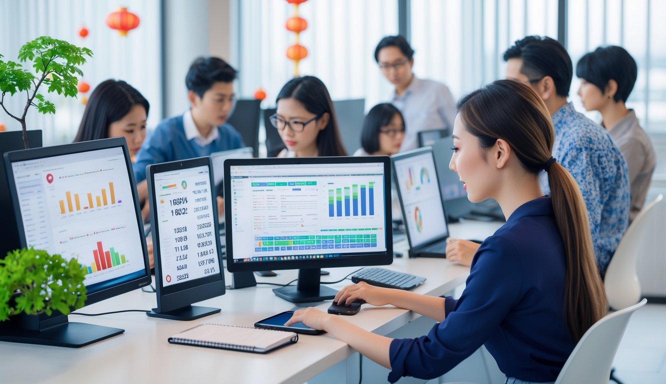 Beberapa orang sedang bekerja bersama di ruang kerja modern dengan komputer dan alat tulis, fokus pada analisis data prediksi lotere Jepang secara online.