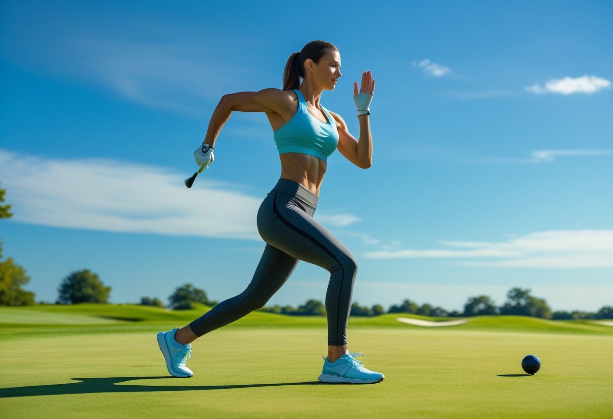 A woman performing a golf fitness exercise outdoors on a golf course during a sunny day.