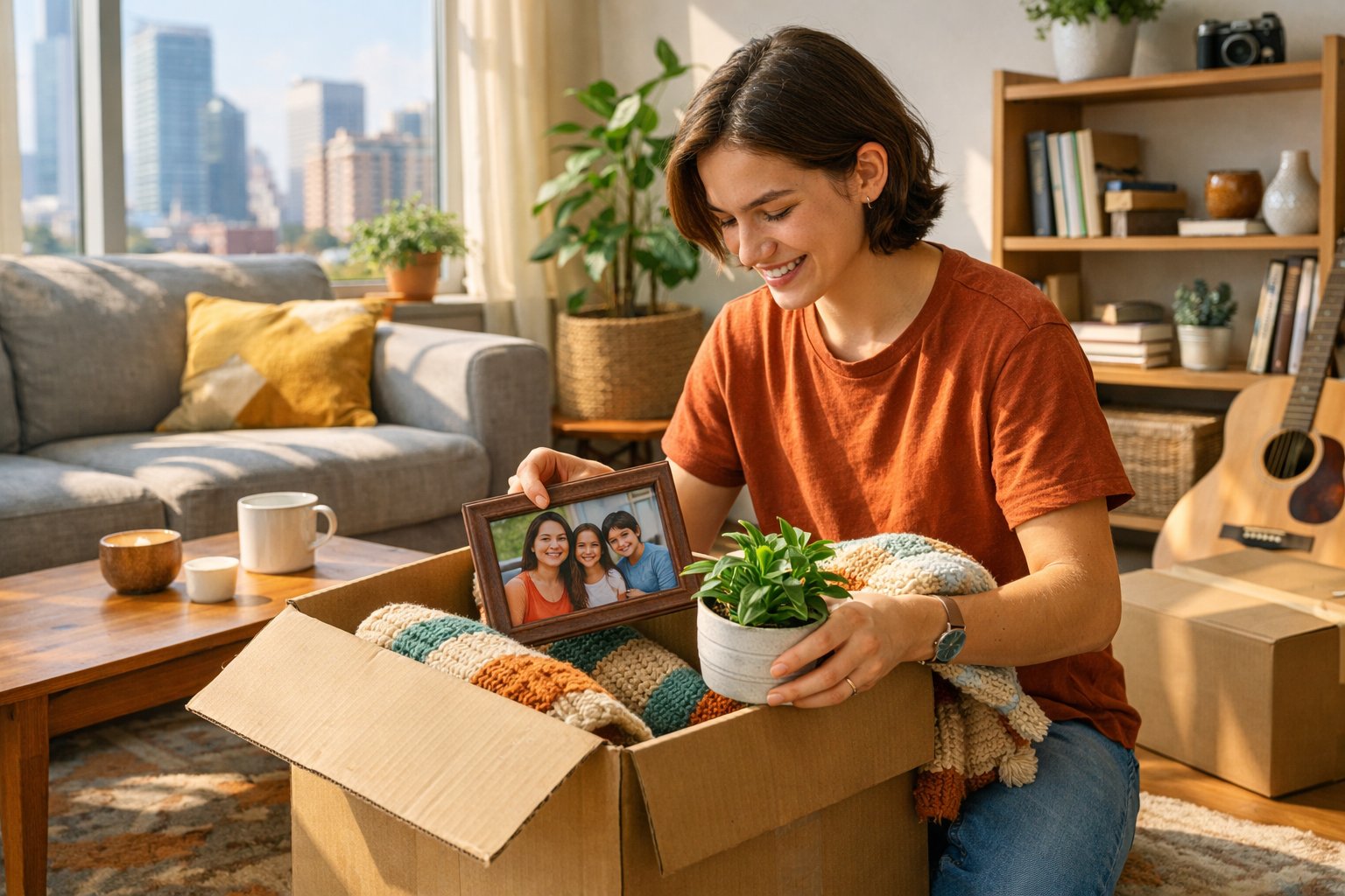 A young adult unpacking gifts from their mom in a bright, cozy apartment with a city view.