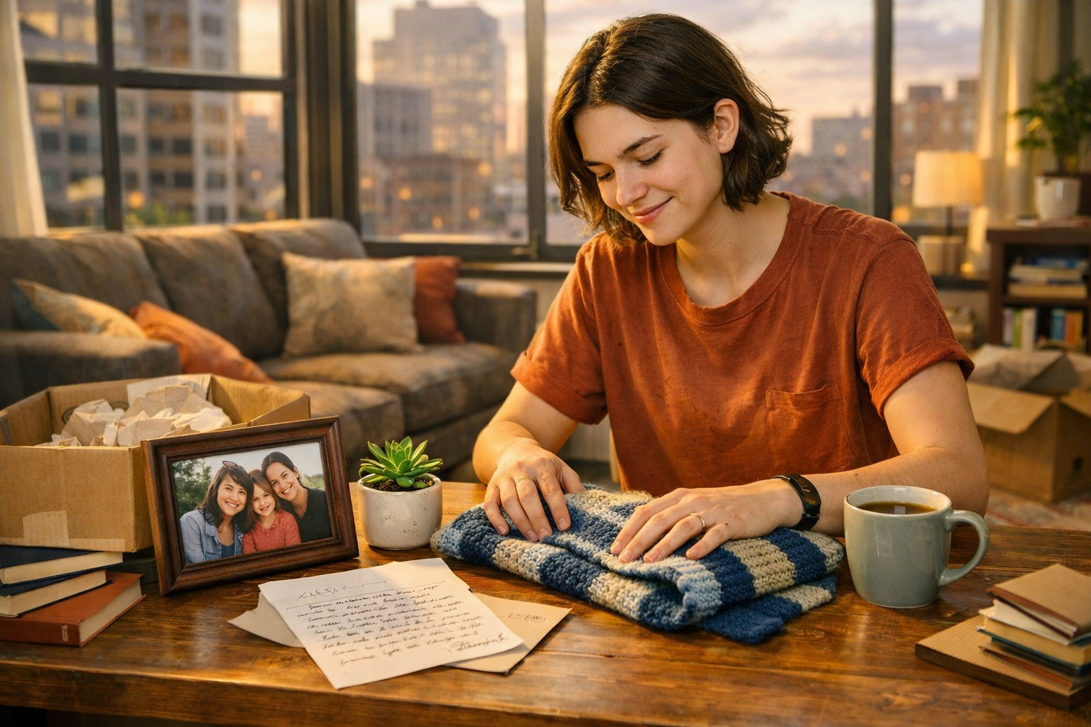A young adult arranging meaningful gifts from their mom in a cozy first apartment with a city view.