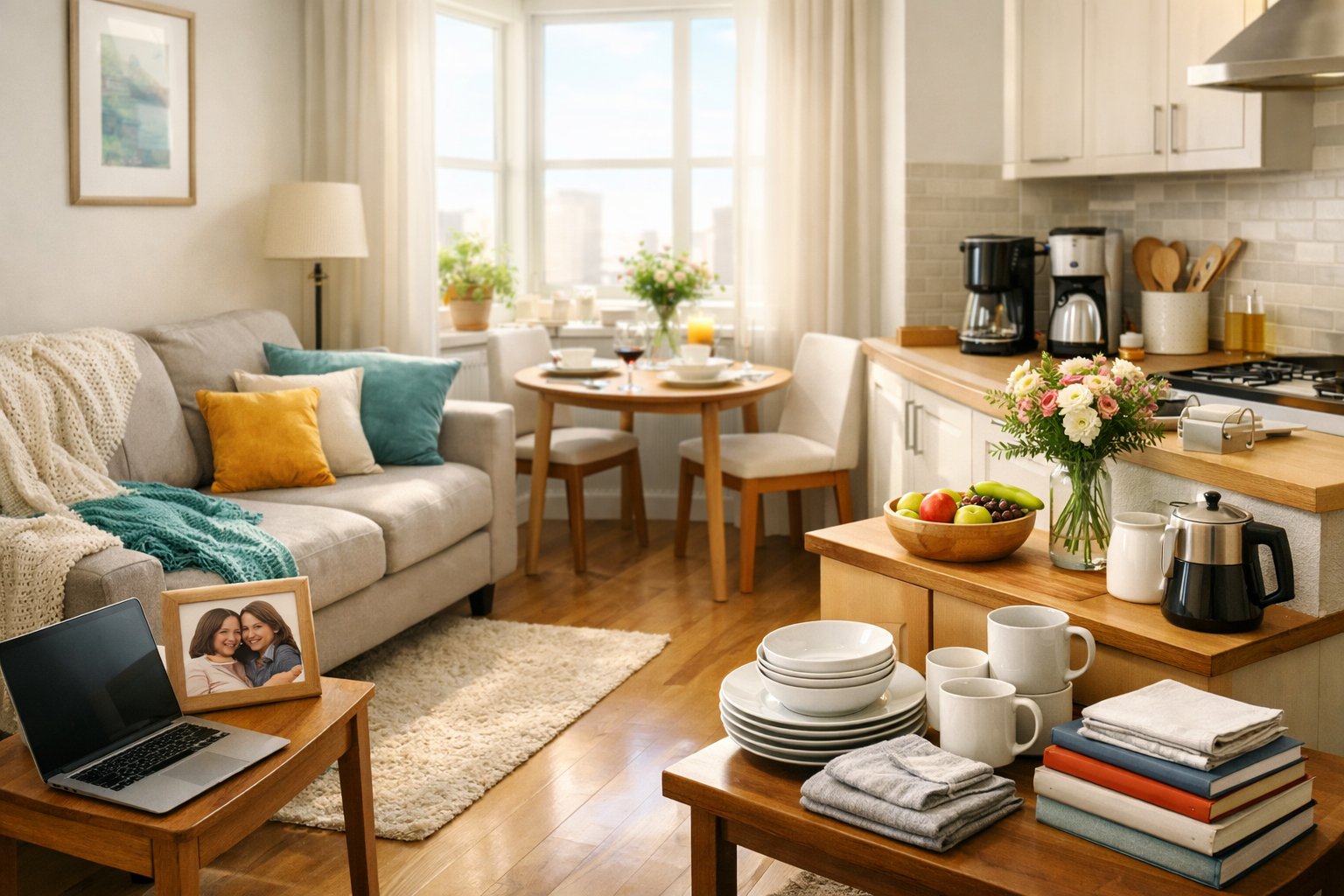 A cozy, well-lit first apartment living space with a sofa, dining table, kitchen essentials, and personal touches like flowers and a framed photo.