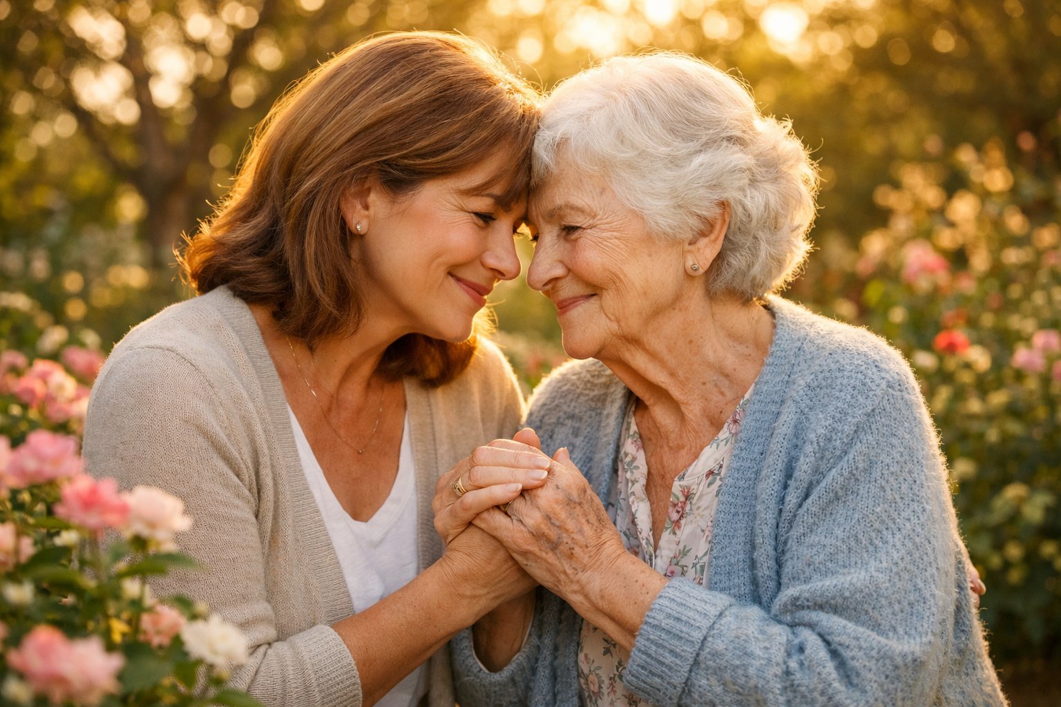 A middle-aged woman and her elderly mother embracing warmly in a garden, sharing a loving and tender moment.
