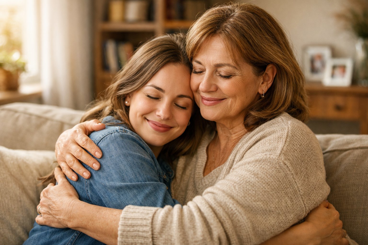 A mother warmly embraces her adult daughter in a cozy living room, both smiling and sharing a loving moment.