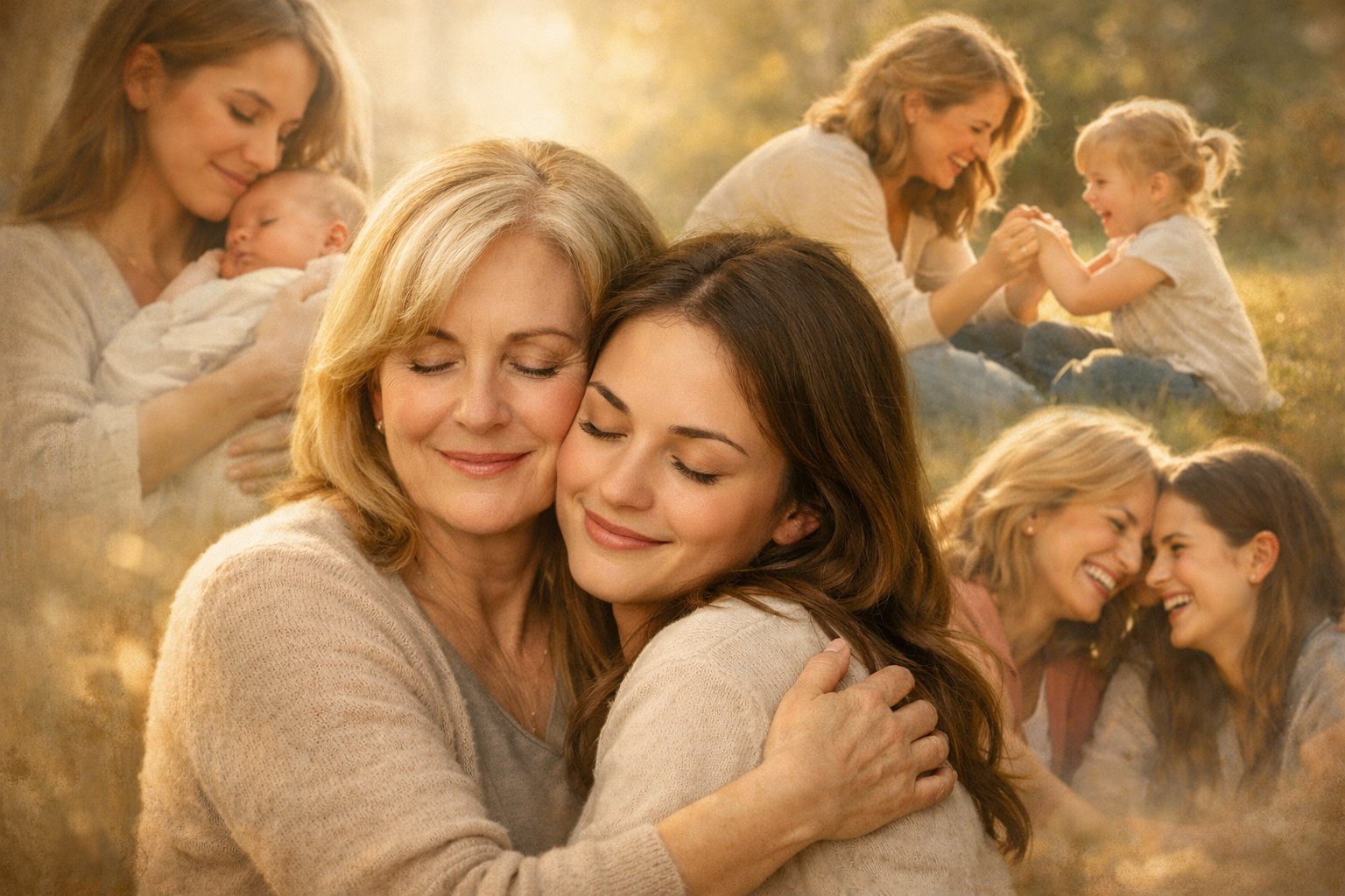 A mother lovingly embracing her adult daughter, with faint images of them together at earlier ages in the background, showing their lifelong bond.