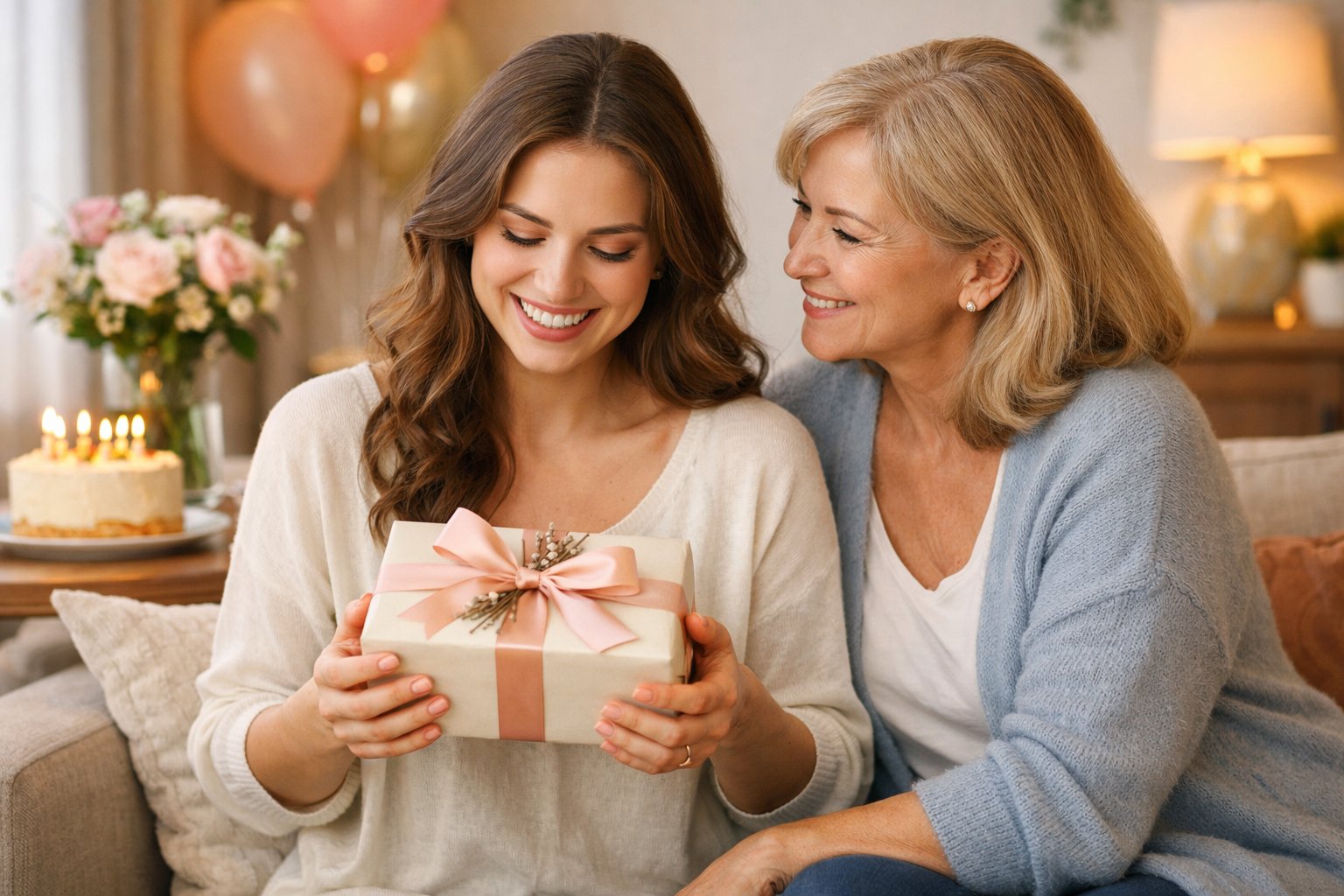 A mother giving a wrapped birthday gift to her adult daughter in a cozy living room, both smiling warmly.