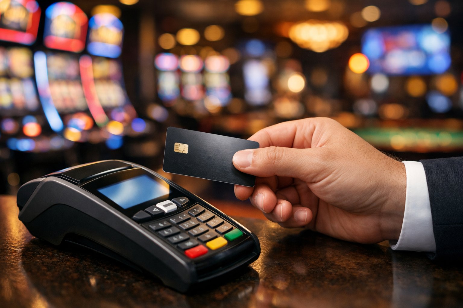 A person holding a credit card near a payment terminal inside a casino with slot machines and gaming tables in the background.