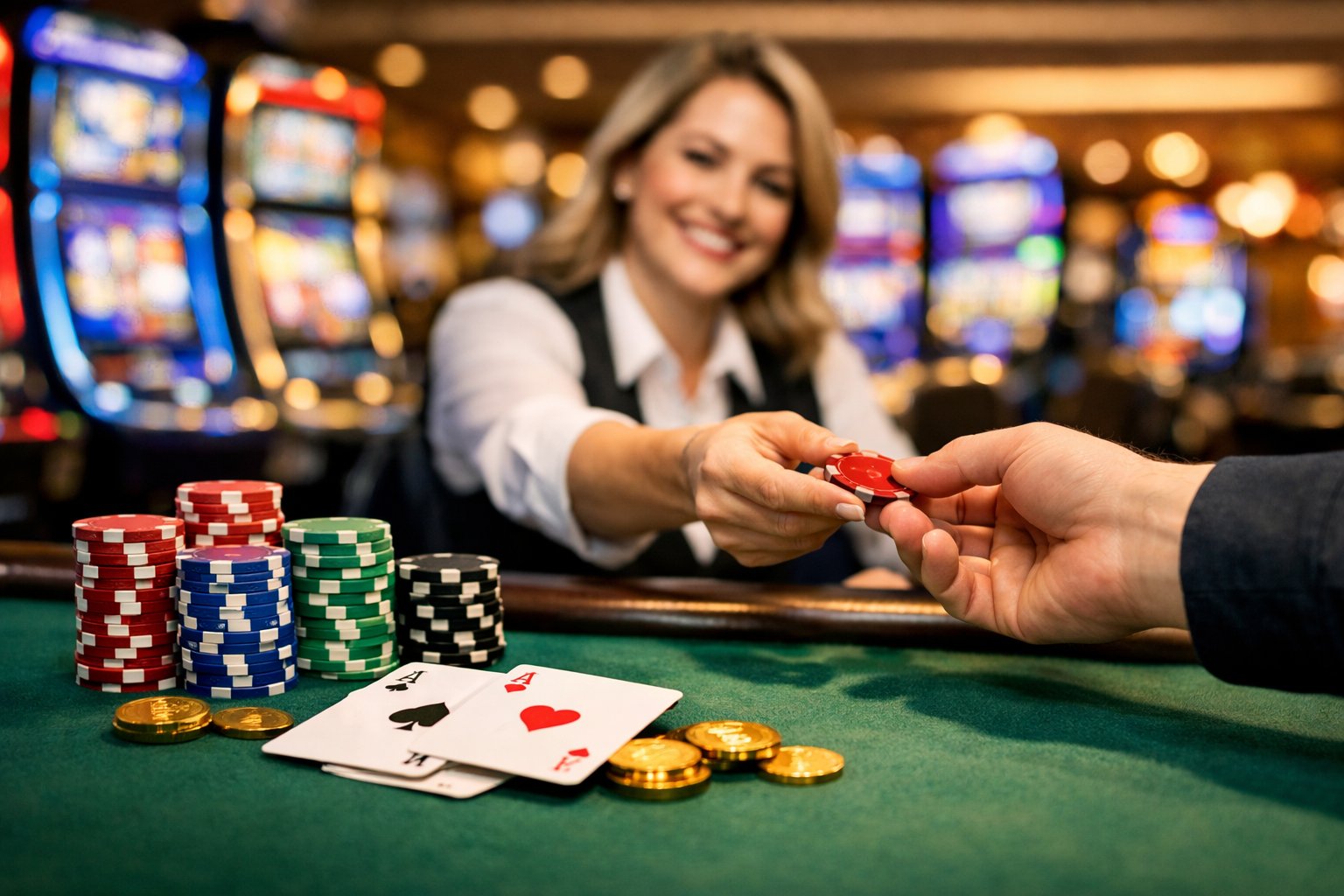 A casino poker table with chips, cards, and coins, a dealer handing a chip to a player, with slot machines in the background.
