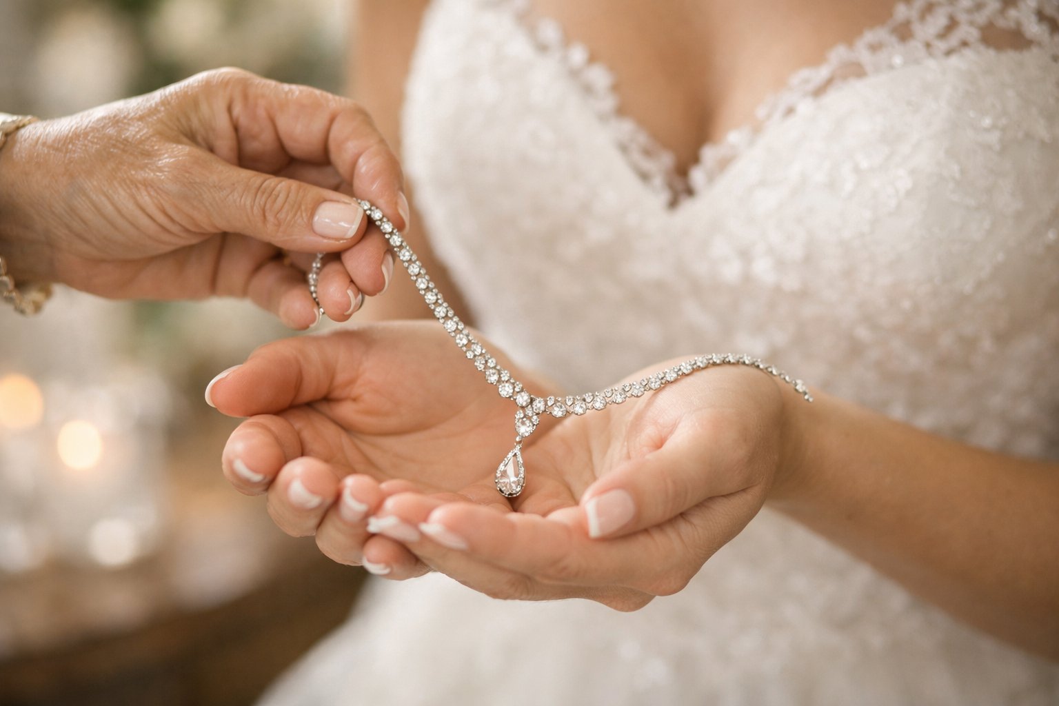 A bride receives a necklace from her mother on her wedding day, showing their hands and the necklace in a tender moment.