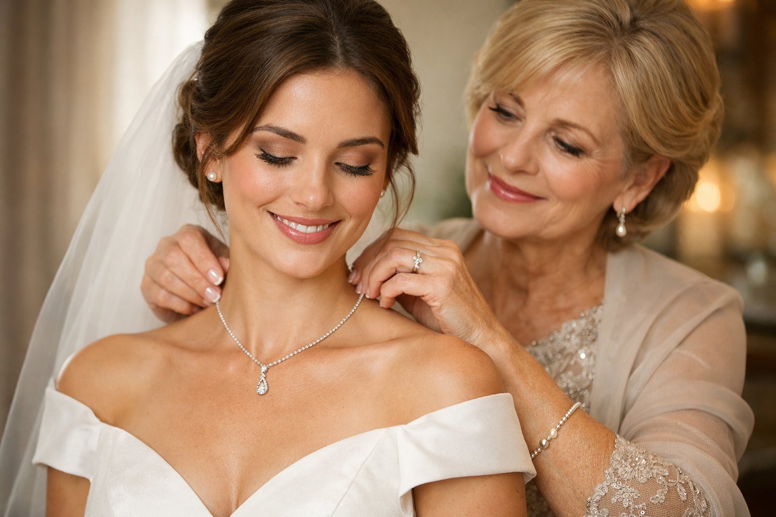 A mother fastening a necklace around her daughter's neck on the daughter's wedding day, both sharing a loving moment indoors.