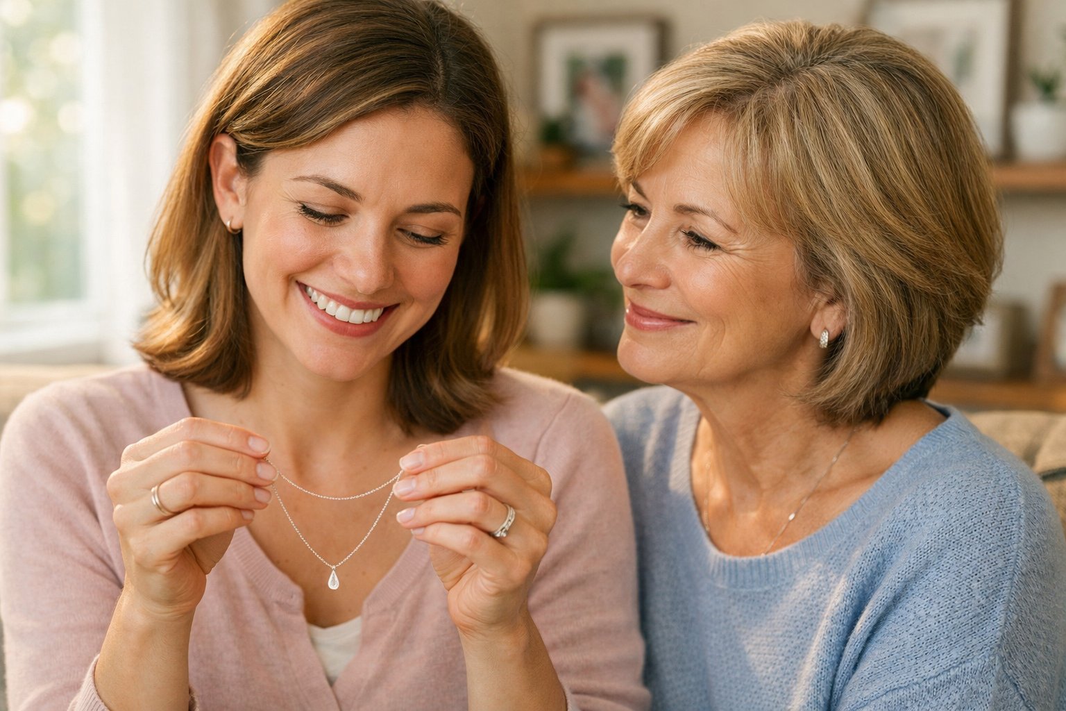 An adult daughter smiling and holding a necklace given to her by her mother in a cozy living room.