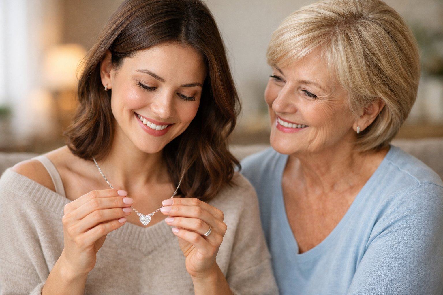 An adult daughter receiving a necklace from her mother, both sharing a warm and emotional moment.