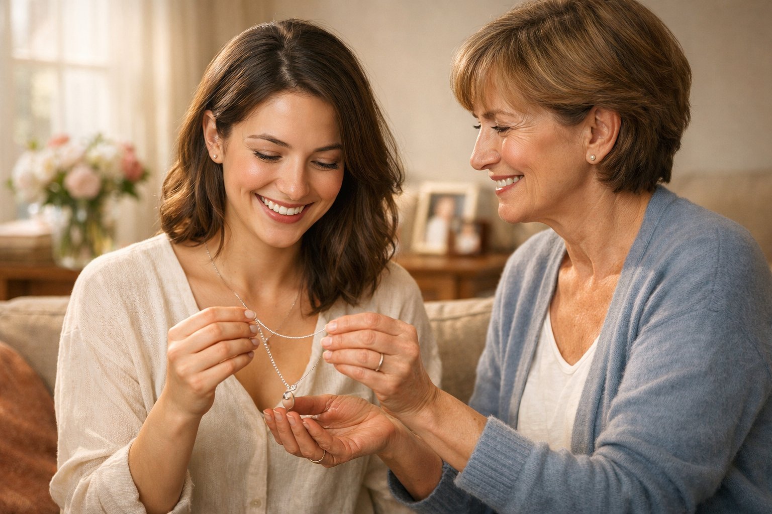 An adult daughter happily receiving a necklace from her mother in a cozy living room.