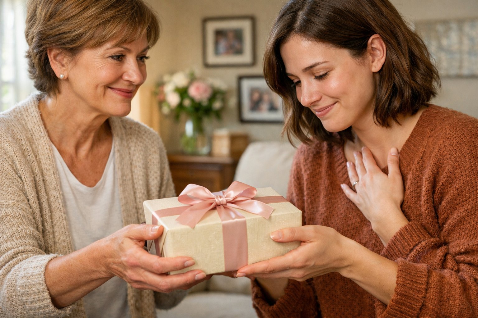 A mother hands a wrapped gift to her adult child in a cozy living room, both sharing a warm, emotional moment.
