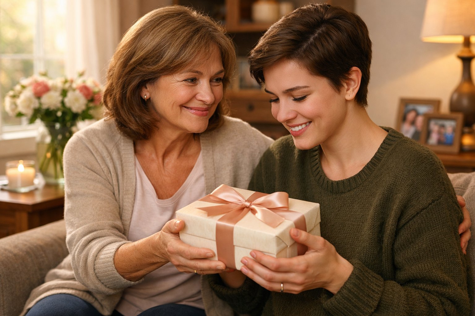 A mother giving a wrapped gift to her adult child in a cozy living room, both sharing a warm and emotional moment.