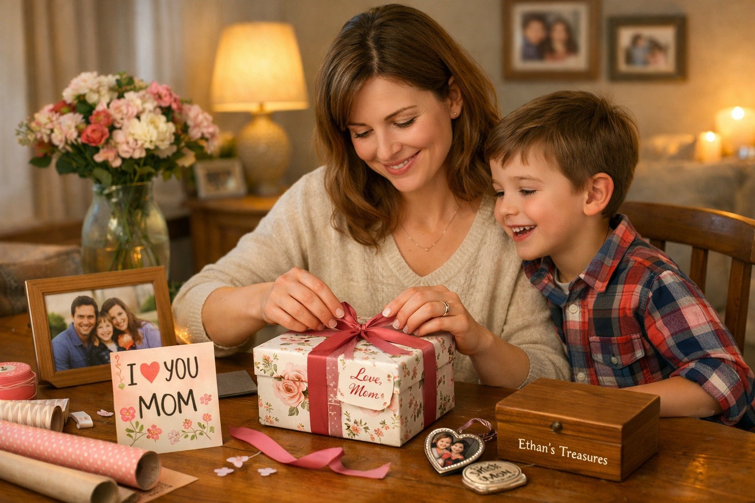 A mother and child sitting at a table wrapping a personalized gift together in a cozy living room.