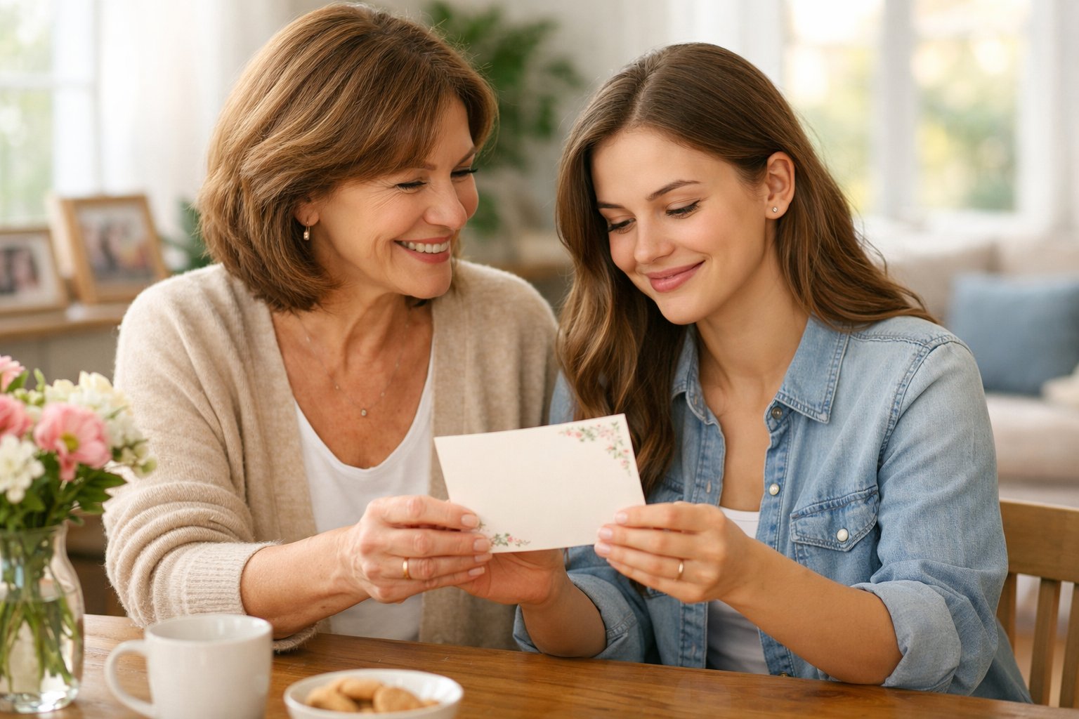 A mother handing a blank message card to her adult daughter as they sit together at a table in a bright living room, both smiling warmly.