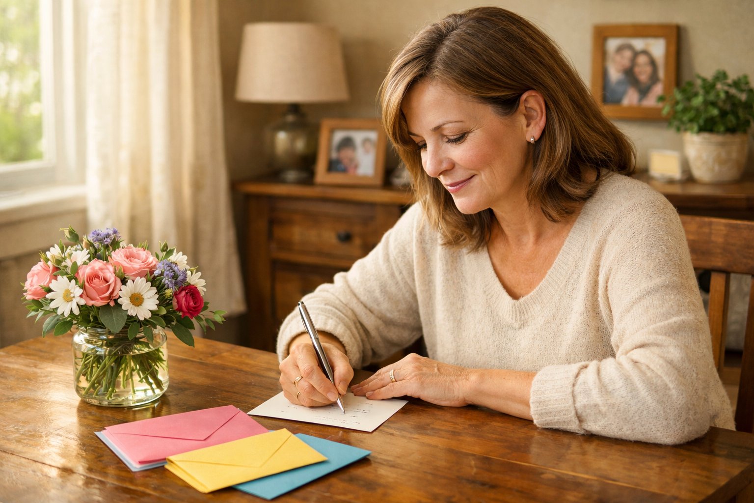 An adult woman sitting at a table in a sunlit room, writing a message card with flowers and envelopes nearby.