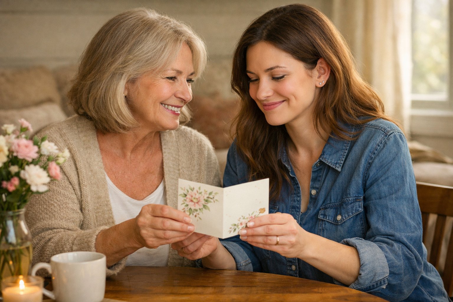 A mother giving a handwritten message card to her adult daughter as they sit together at a cozy table, sharing a warm and loving moment.