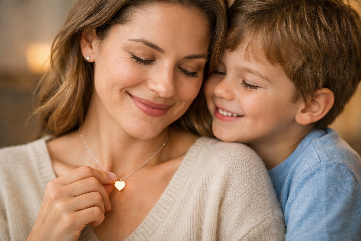 A mother smiling warmly as she holds a heart-shaped necklace close to her chest while her young child looks on affectionately.
